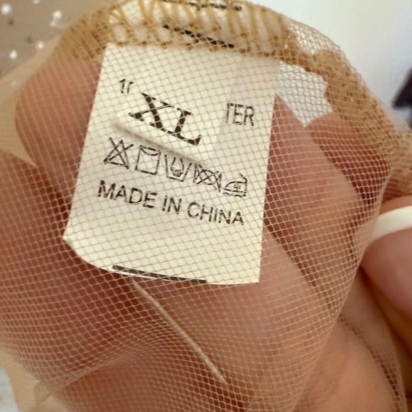 SHEIN Nude Mesh Coverup Mini Dress Pearls Rhinestones Long Sleeves Scoop Neck XL - Picture 2 of 5